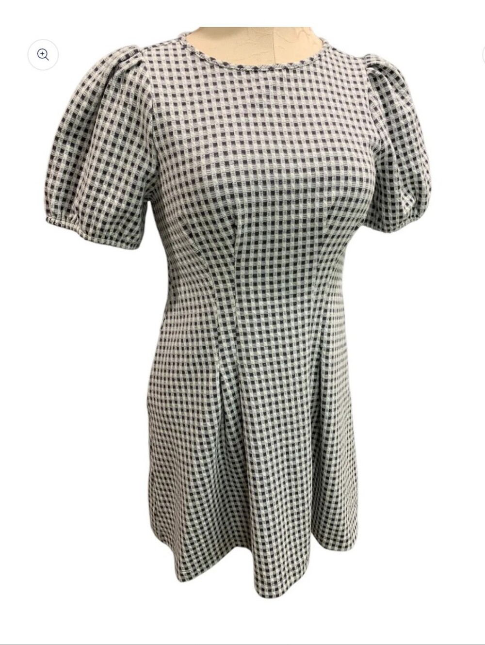 Black & White Gingham Puff-Sleeve Dress